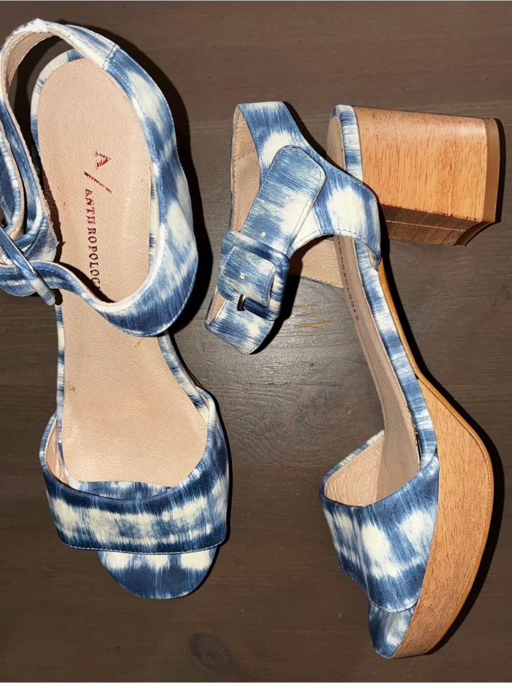 Anthropologie Blue Tie-Dye Platform Block Heel Sandals